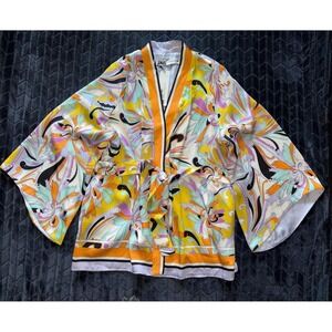 ZARA Satin Kimono With Belt Multicolour Print Orange Lilac Size Large NWT